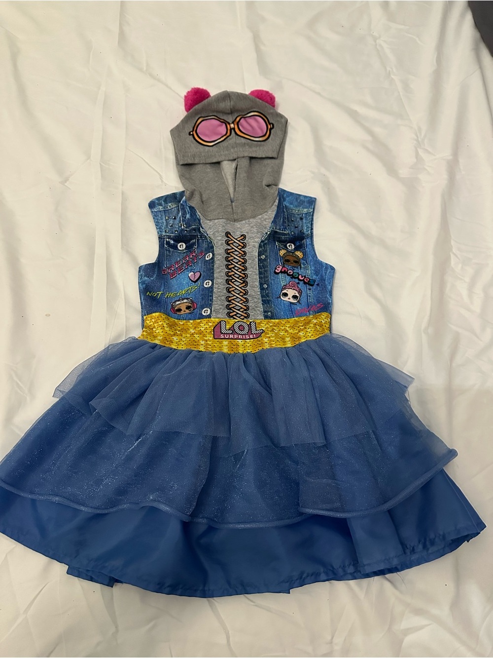 L.O.L. Surprise! Blue Layered Tulle Dress with Grey Hood and Gold Waistband